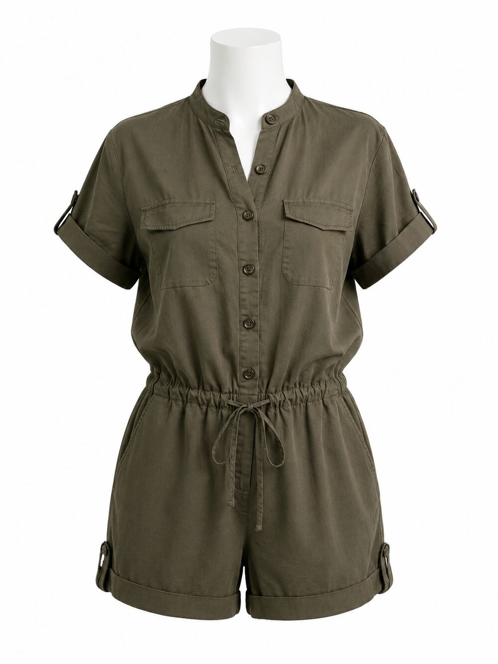 Armani Exchange Olive Utility Romper - Drawstring Button Front - Size 4